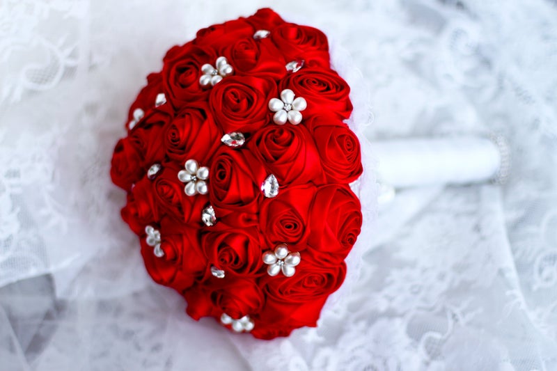 IFFO Ivory, Blue, Coral, T Blueï¼ŒRed Rose Flower Bridal Brooch Bouquet Wedding Bride 's Jewelry Crystal Pearl Rhinestone Cloth Fabric Bouquets (red) - Image 3